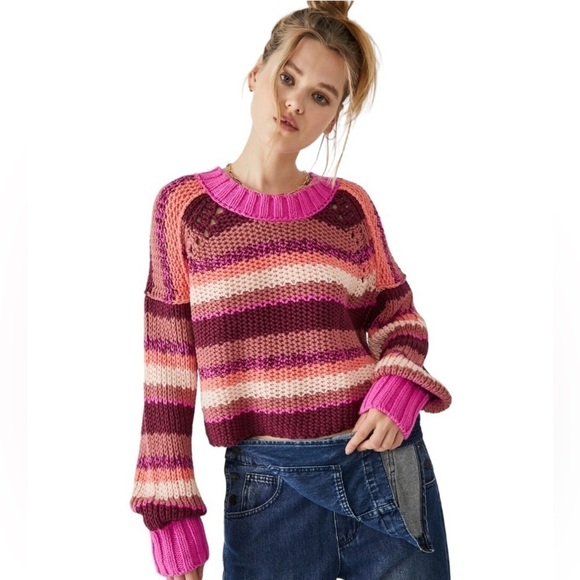 Free People Fuchsia Rose Devon Chunky Knit Sweater Women’s US M - Picture 1 of 9